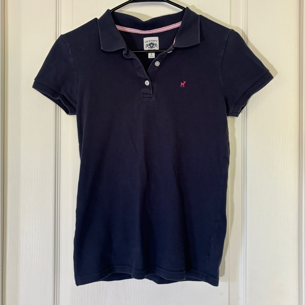 Old Navy Navy Blue Polo Shirt – Pink Embroidered Deer Logo – Women’s Small